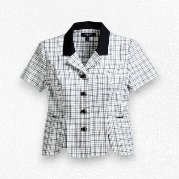 Vintage 90s White Black Graph Check Short Sleeve Button Down Blazer Size 8P - Picture 1 of 9